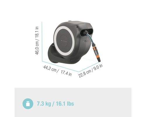 Gardena väggmonterad slangbox med trädgårdsslang och spruta inklusive mått