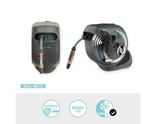 Gardena väggslangbox med slang och koppling i två vyer