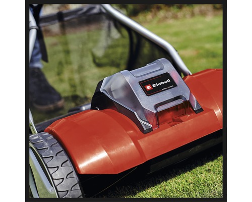 Einhell batteridriven gräsklippare med Einhell-logotyp på batterifacket