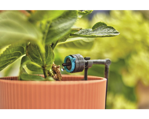 Droppbevattning med justerbar droppare på växt i kruka