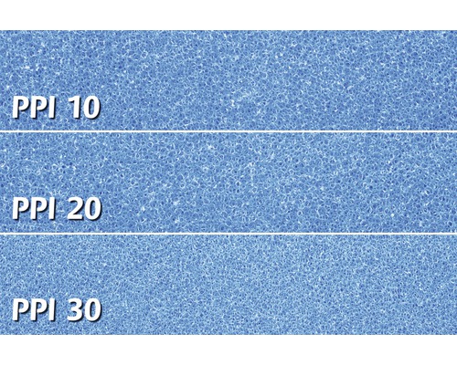 Detaljvy av skum med porstorlek 10 PPI, 20 PPI och 30 PPI