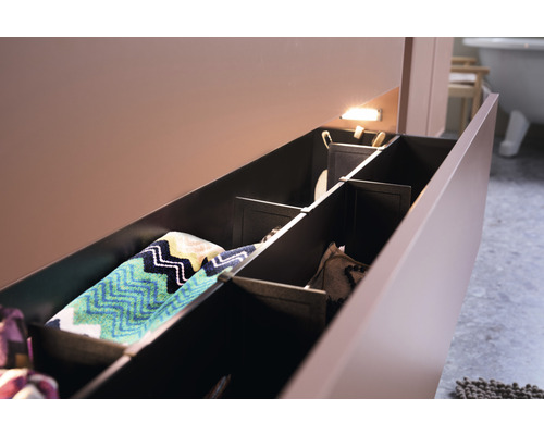 Öppen låda med fack för förvaring av badrumsartiklar