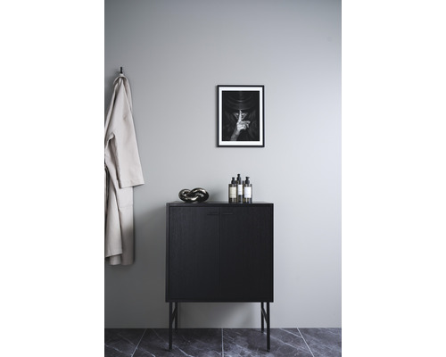 Badrumsscen med svart underskåp, dekoration och en inramad bild på väggen