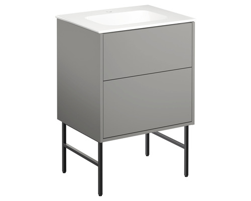 Tvättställsskåp med två lådor och handfat på svarta fötter