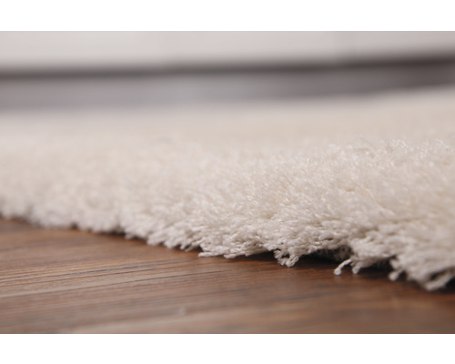 Detaljbild av en beige högflorig matta på trägolv