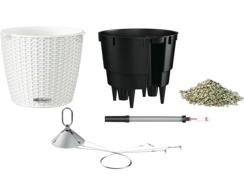 Diverse trädgårdsartiklar: blomkruka, planteringsinsats, lecakulor, gödsel och bevattningssystem