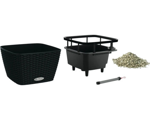 Svart blomlåda med bevattningssystem, substrat och vattennivåindikator