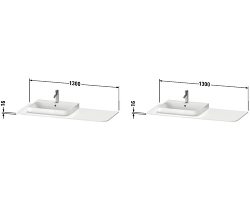 Ritning av ett tvättställ med underskåp och måtten 1300 och 16