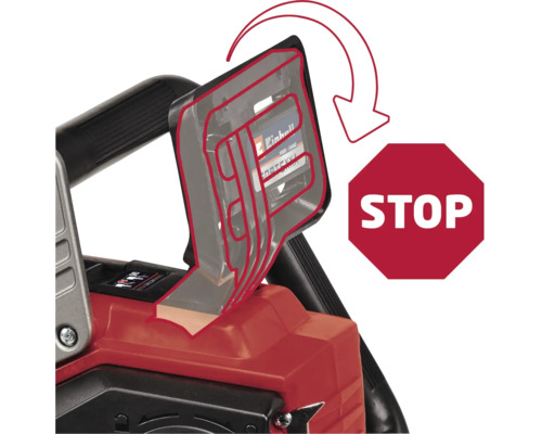 Illustration av en batteridriven motorsåg med säkerhetsfunktion