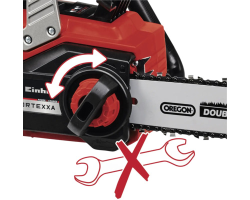 Enhands motorsåg med spänningshjul för verktygslös kedjespänning