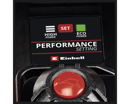 Närbild av effektinställningarna med alternativen High Power, Set och Eco Power, samt Einhell-logotypen.