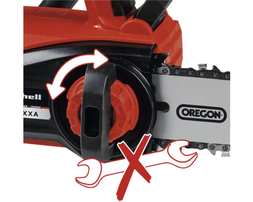 Närbild av Einhell motorsåg: verktygslös kedjespänning och Oregon svärd