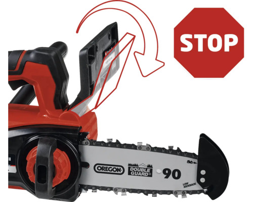 Illustration av en motorsåg med säkerhetsåtgärder och stoppskylt.