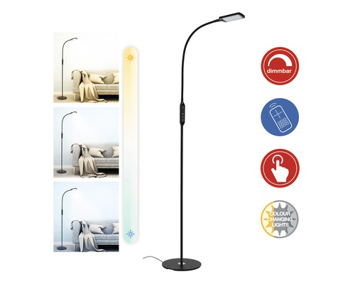 Svart golvlampa med dimmerfunktion, fjärrkontroll, tryckfunktion och färgväxling