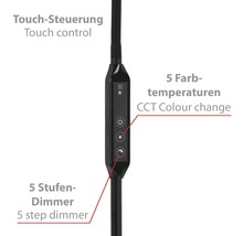 Närbild av pekkontrollen med fem färgtemperaturer och en 5-stegs dimmer