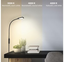 Bordslampa med olika färgtemperaturer: varmvitt ljus 3000 K, neutralvitt ljus 4000 K och kallvitt ljus 6000 K.