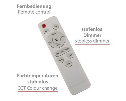 Vit fjärrkontroll för belysning med olika knappar för att justera ljusstyrka och färgtemperatur