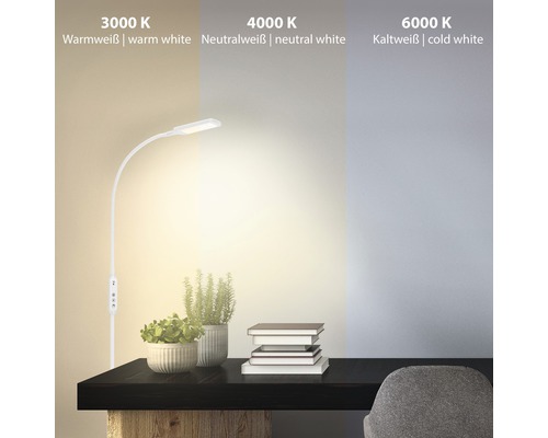 Skrivbordsscen med LED-lampa som visar olika färgtemperaturer