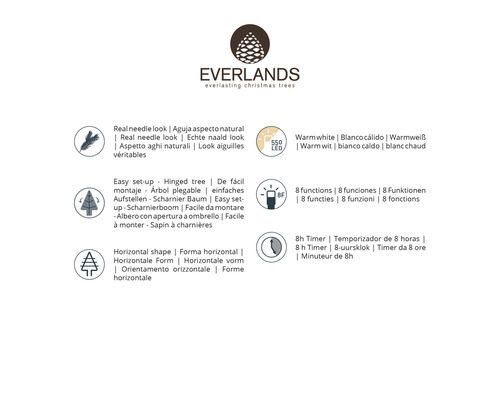 Everlands logotyp med produktinformation om barr, montering, form, antal lysdioder, funktioner och timer