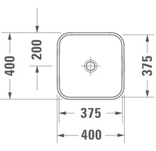 Teknisk ritning av ett fyrkantigt handfat med dimensioner