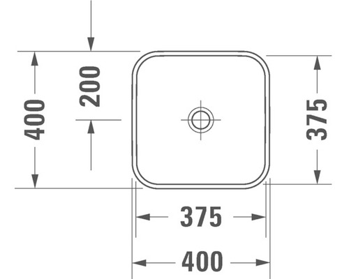 Teknisk ritning av ett fyrkantigt handfat med dimensioner