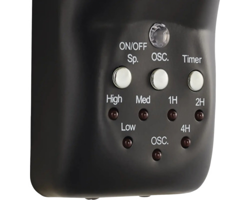 Närbild av en fläkts kontroller med strömbrytare för på/av, oscillation och timer, plus hastighetsinställningar.