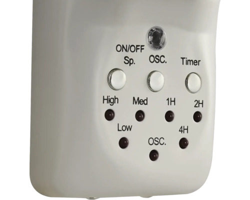 Närbild på fläktens kontrollpaneler för inställningar som hastighet, oscillation och timer