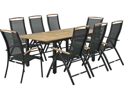 Trädgårdsgrupp med åtta stolar och ett träbord