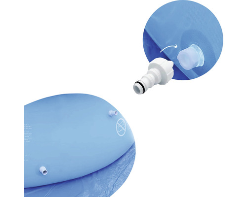 Detaljvybild av en pool med vattenavtappningsventil och anslutningsstycke