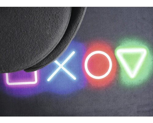 Närbild av ett headset ovanför en bakgrund med kvadrat-, kors-, cirkel- och triangelsymboler