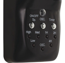 Närbild av fläktens kontroller med omkopplare för hastighet, oscillation och timer.