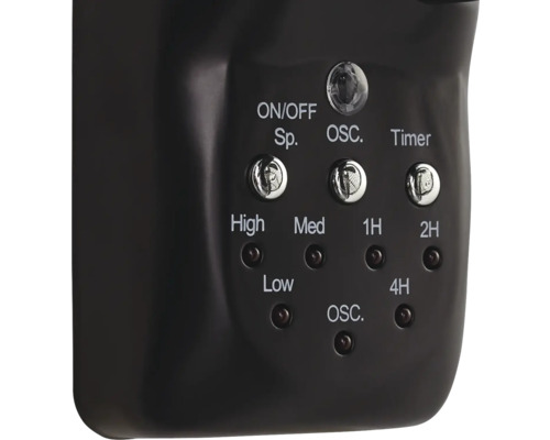 Närbild av fläktens kontroller med omkopplare för hastighet, oscillation och timer.