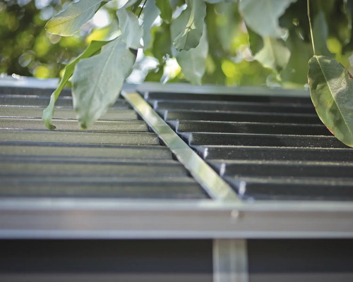 Närbild av ett metalltak med löv