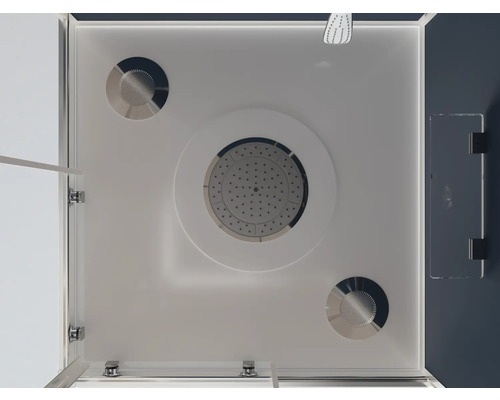 Invändig vy av en duschkabin med takdusch och massagejets.