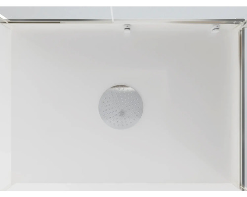 Vy mot i en duschkabin med duschmunstycke i taket