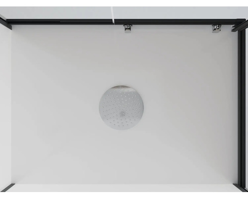 Interiör av en dusch med duschmunstycke och svart ram