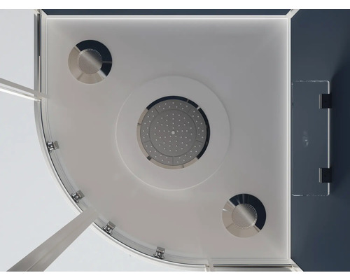 Överblick av en duschkabin med takdusch och glasdörr