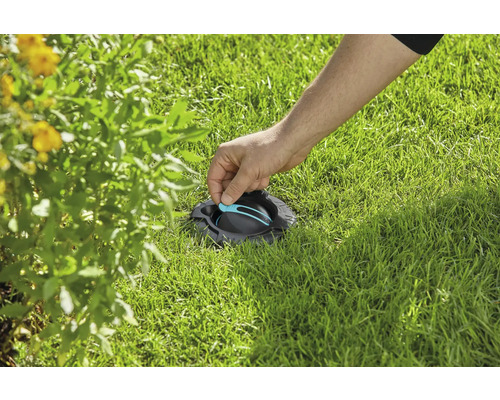 En person installerar en infälld grässpridare i en gräsmatta nära en blommande buske.