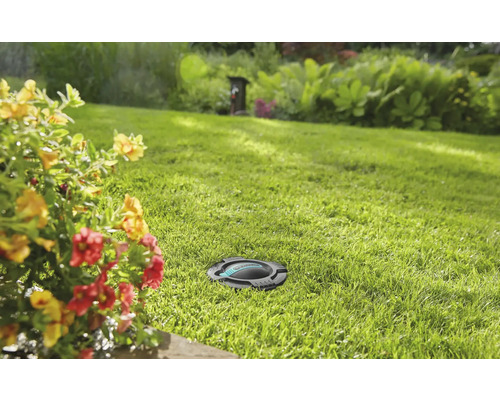 Nedfälld sprinkler på gräsmatta i trädgården