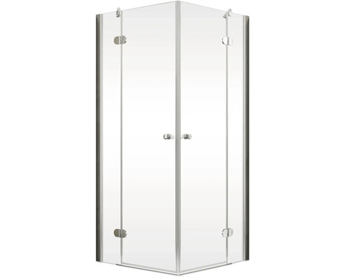 Hörndusch med transparent glas och silverfärgade beslag