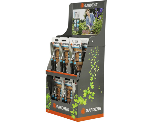 Försäljningsställ med Gardena trädgårdsredskap