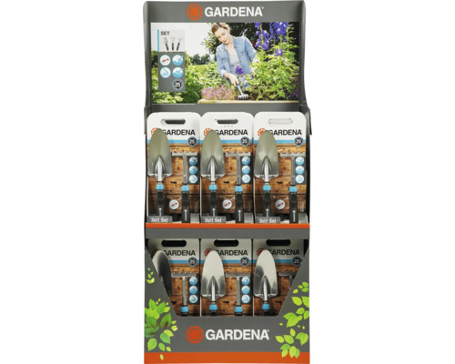 Säljställ med Gardena 3-i-1 trädgårdsredskapsset med spade, kratta och planteringsspade