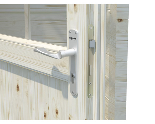 Detaljvy av en trädörr med silverfärgat dörrhandtag och lås