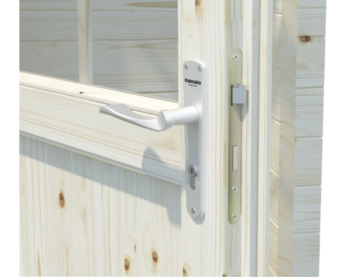 Detaljvy av en trädörr med lås och handtag