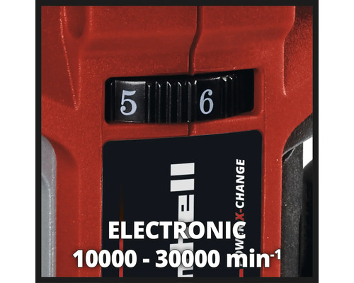 Närbild av Einhell-verktyg med hastighetsregulator mellan 5 och 6 och elektronisk indikation 10000 till 30000 varv per minut