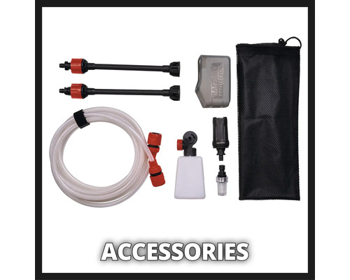 Tillbehör för högtryckstvätt med munstycken, slang, batteriskydd och förvaringsväska