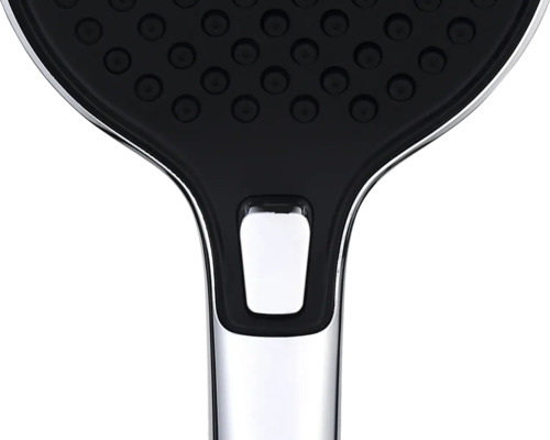 Detaljvy av ett duschhuvud med duschhuvud och handtag