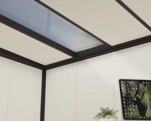 Detaljvy av ett terrasstak med ram och ljusgenomsläppliga element.