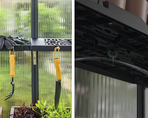 Detaljer om en växthusinredning med verktyg och tillbehör