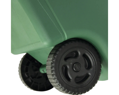 Detaljvy av hjulen på en transportlåda